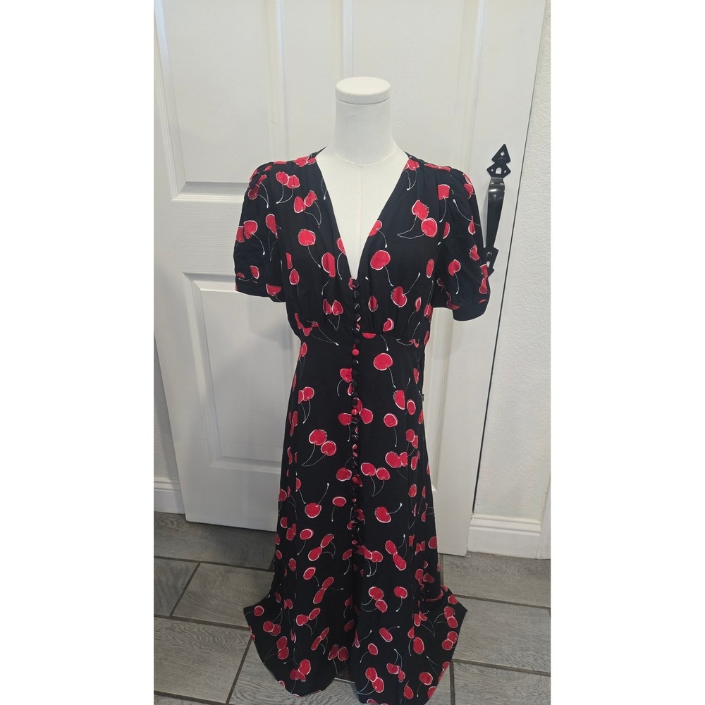 The Kooples Black Red Cherry Print Maxi Dress Puff Sleeve Button Front NEW US 6